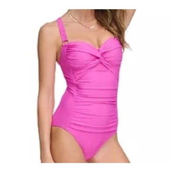 DKNY One Piece Pink Large Swimsuit Ruched Tummy Slimming Crossback Padded Bra - Picture 7 of 10